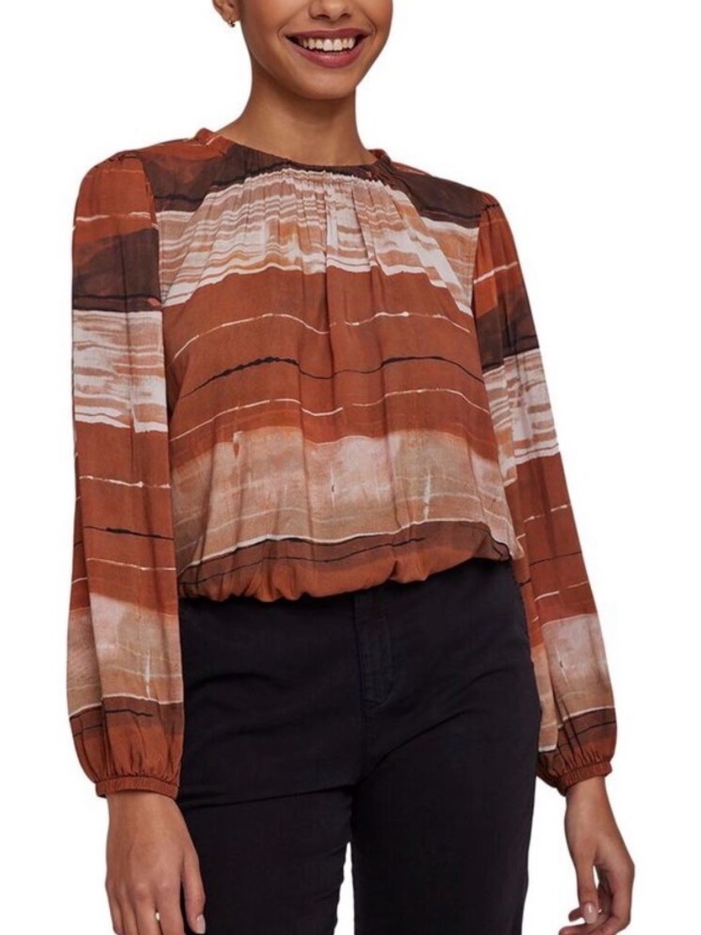 Bella Dahl Rust Cream & Brown Striped Rayon Long-Sleeve Blouse Size M